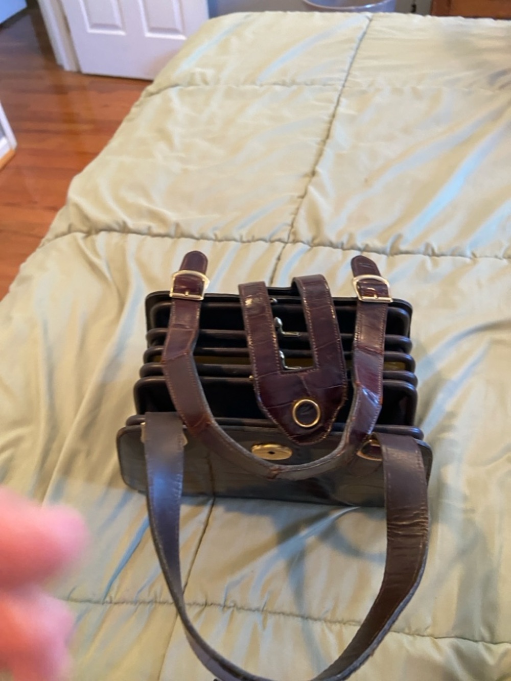 Vintage Croc-Embossed Leather Handbag in Deep Burgundy - Picture 6 of 9